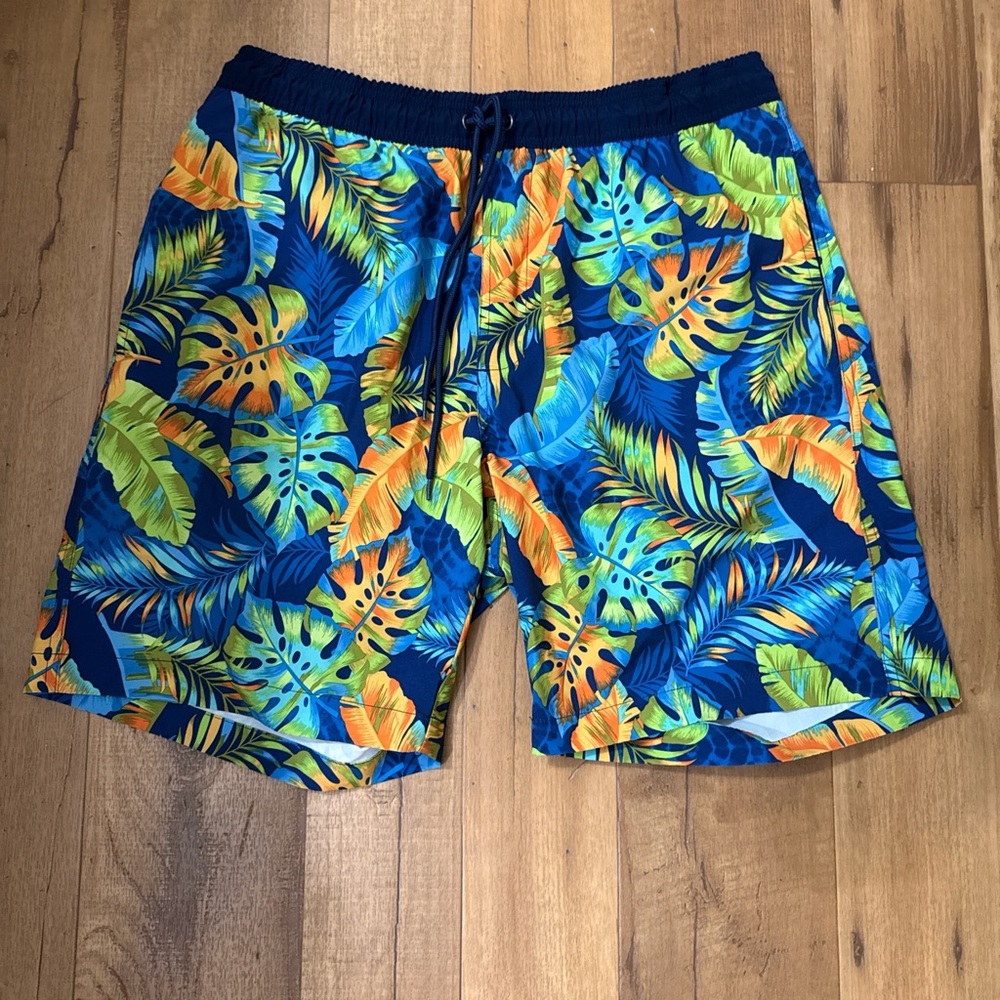 Blue and Green Board Shorts with Tropical Print